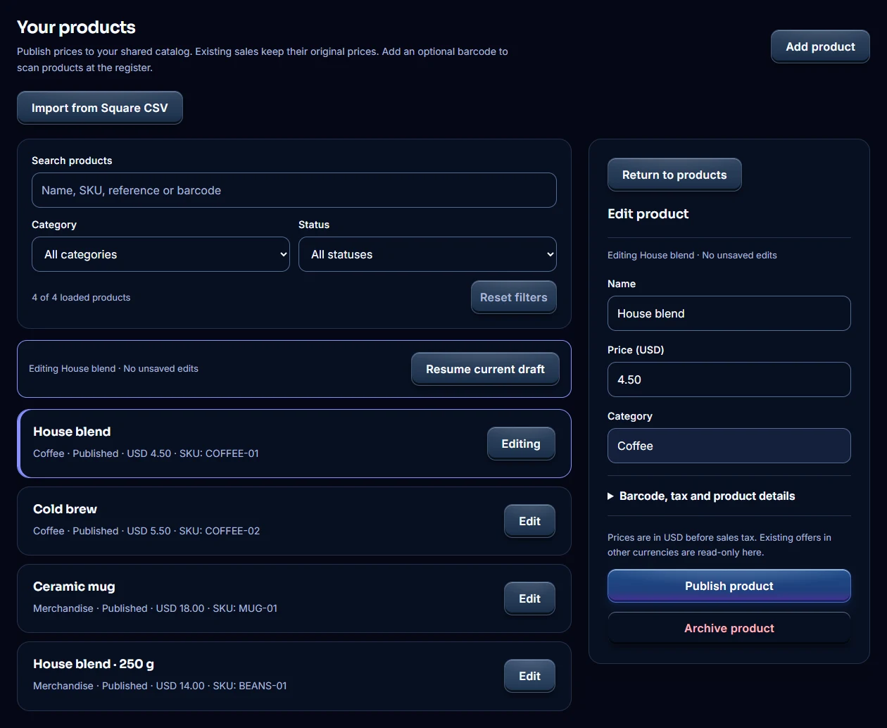 Actual product management with sample products, search and category filters, and the selected product editor.